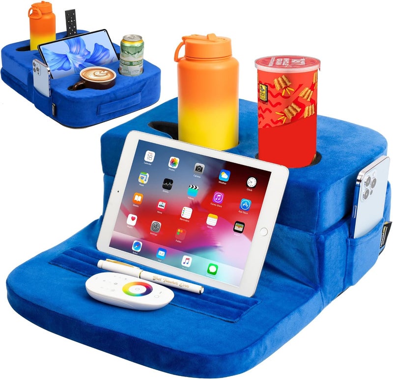 TabCouchCaddy Couch Cup Holder Tray Pillow - Bed, Couch Caddy, Sofa, RV & Car - Holds Drinks, Snacks, Remotes, Phones, Kindle, Tablet | Bed Cup Holder (Blue) - Image 1